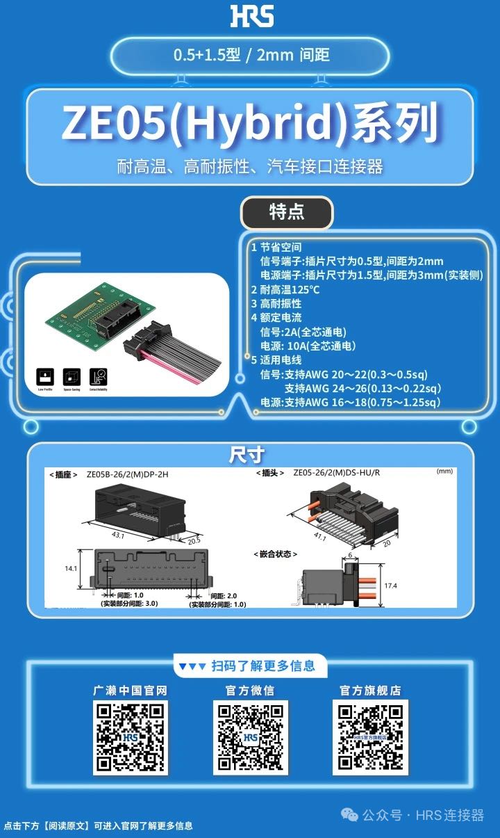 【產(chǎn)品推薦】耐高溫、高耐振性、汽車接口、電源信號混合型連接器ZE05系列